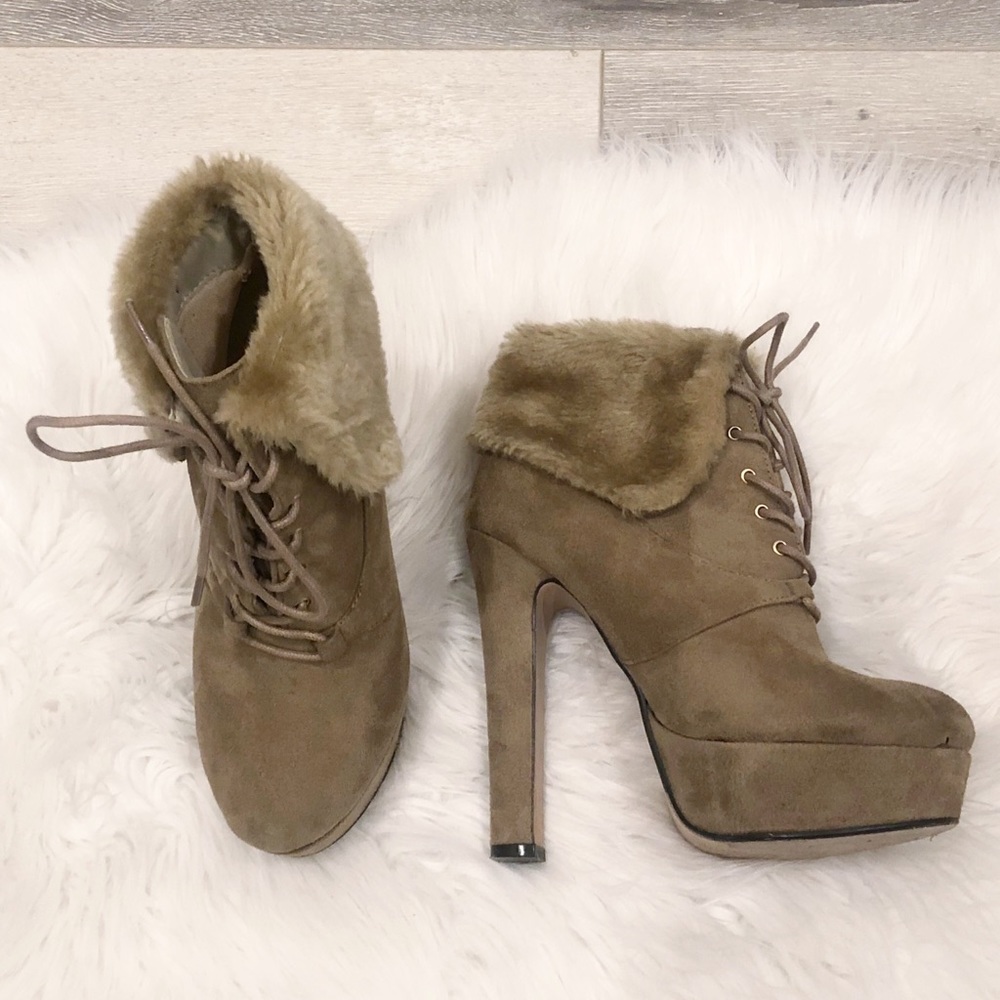 LILIANA Faux Fur Lace Up Ankle Booties with Heels